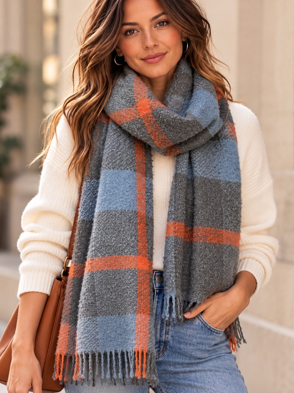 Jackson Rowe Oversized Plaid Blanket Scarf Blue Grey Orange Fringe